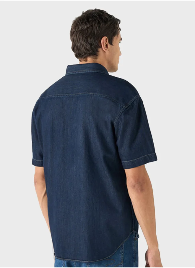 لي كوبر Regular Fit Solid Denim Shirt With Short Sleeves