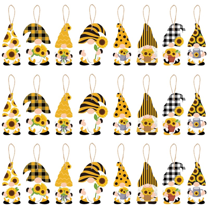 WATINC 25 Pack Sunflower Gnome Wooden Ornament Hanging Wooden Pendants for Summer Party Decoration Yellow Flower Gnome with Hat Handing Tag with Burlap Rope for Holiday Theme Party Favor Supplies