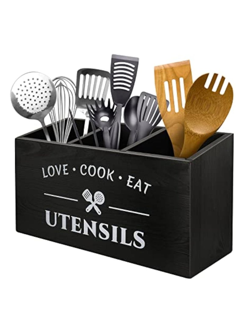 Arabest Wood Kitchen Utensil Caddy with 3 Compartments, Rustic Farmhouse Style, Ideal for Storage and Organization, Black  - Image 1