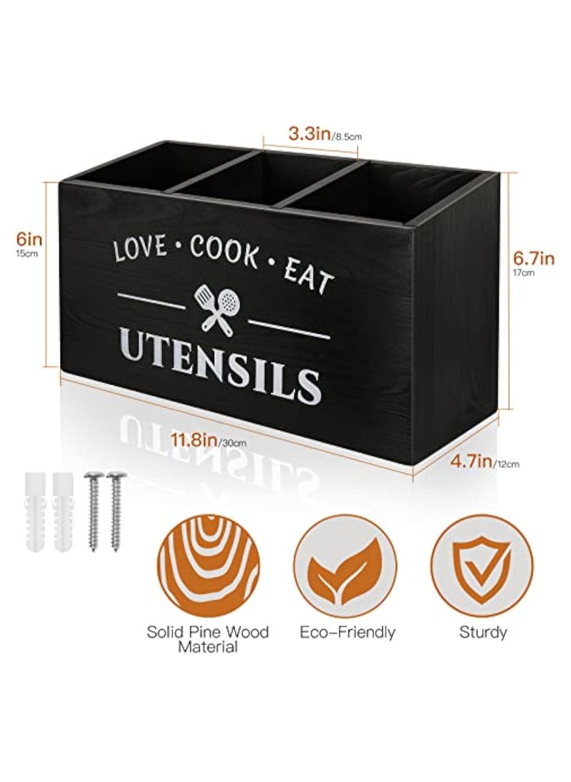 Arabest Wood Kitchen Utensil Caddy with 3 Compartments, Rustic Farmhouse Style, Ideal for Storage and Organization, Black  - Image 2