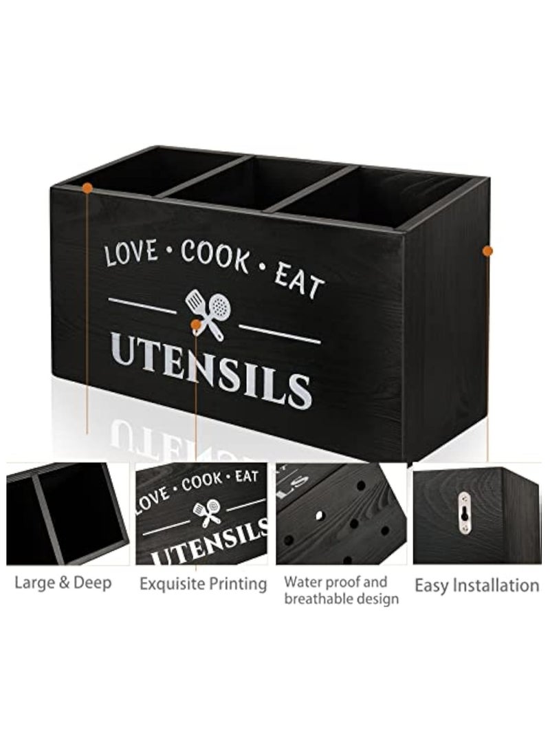 Arabest Wood Kitchen Utensil Caddy with 3 Compartments, Rustic Farmhouse Style, Ideal for Storage and Organization, Black  - Image 3