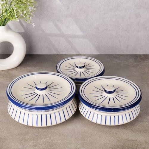 Niyara Premium Ceramic Casserole Set with Lids – Handcrafted Serving Bowls for Hot Food, Microwave & Dishwasher Safe – Perfect for Festive & Everyday Use – Set of 3 (Blue line) - Image 1