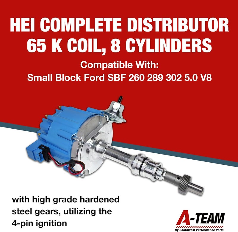 A-Team Performance HEI Electronic Distributor - 65K Spark & Performance Coil - One Wire Installation & Compatible with Ford 260/289/302/5.0 V8 - Blue Distributor Cap & CNC Aluminum Shaft - Pack of 1 - Image 3