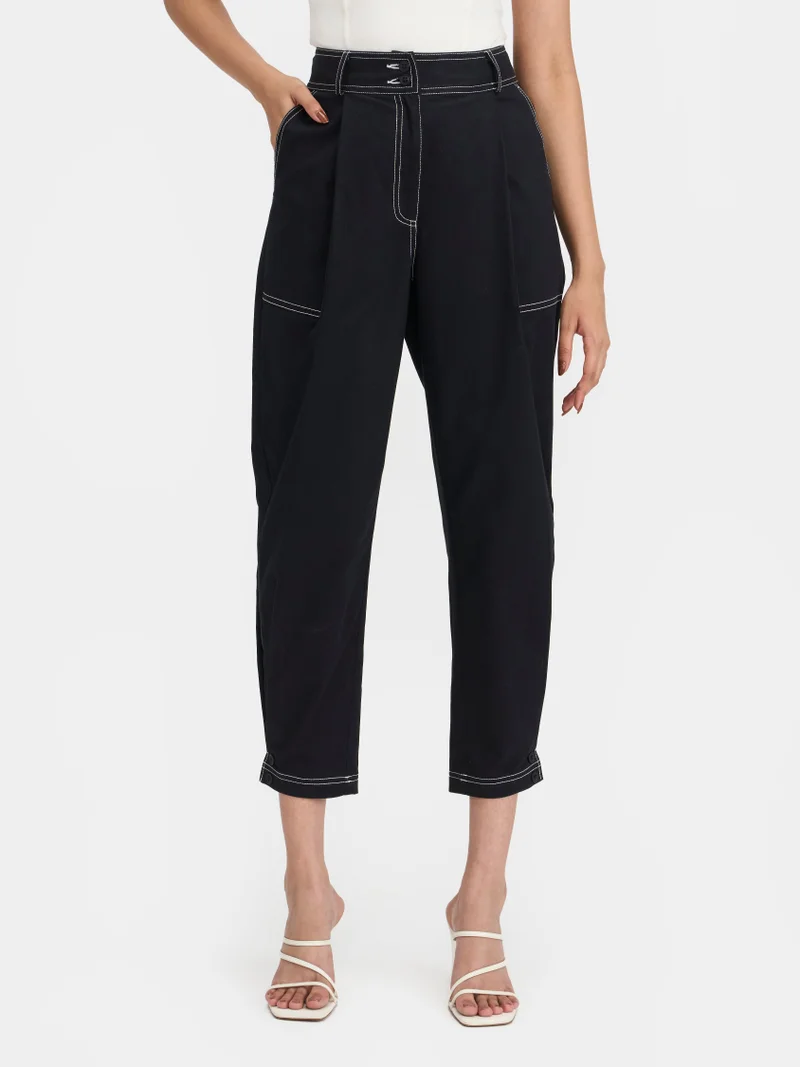 فيرجيو Solid Cotton Pant With Contrast Stitches for Women