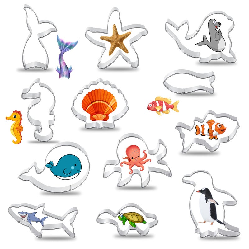 FACATH Marine Animals Cookie Cutter Set 12 Piece Under the Sea Cookie Cutter Set Stainless Steel Biscuit Cutters Molds with Shark Starfish Seahorse Octopus Seal Turtle and Mermaid Tail Shapes