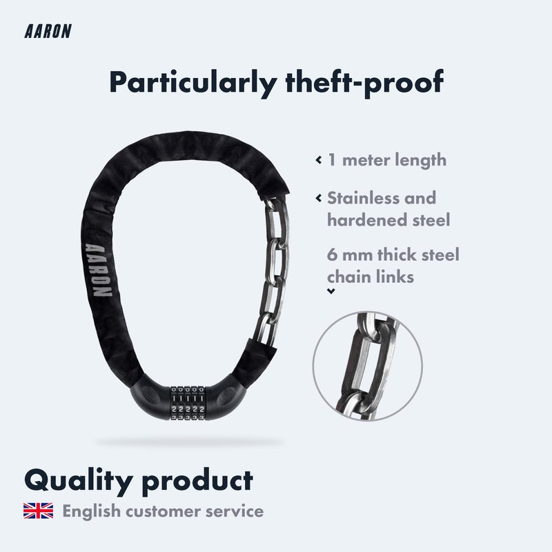 AARON Lock One Bicycle Lock with 5 Digit Combination Code, Steel Chain Lock and High Security Level, Lock for E-Bike, Mountain Bike, Trekking Bike, Touring Bike, Road Bike in Black - Image 2