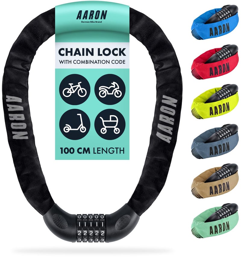 AARON Lock One Bicycle Lock with 5 Digit Combination Code, Steel Chain Lock and High Security Level, Lock for E-Bike, Mountain Bike, Trekking Bike, Touring Bike, Road Bike in Black - Image 1