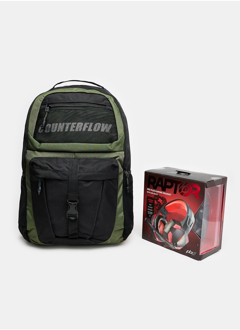 Generic Green & Black Laptop Backpack + Laptop Headset (Multicolor)  - Image 1