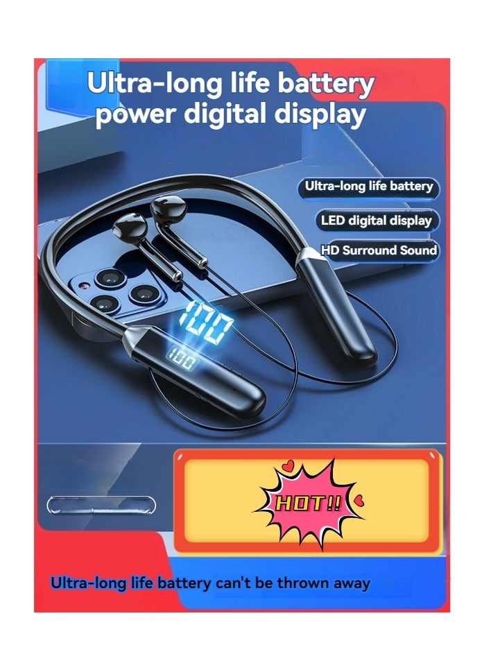 شاشة ديجيتال جديدة معلقة من نوع الرقبة سماعات بلوتوث لاسلكية رياضية ذات سعة كبيرة وعمر بطارية طويل للغاية، سماعات بلوتوث باللون الأسود - Image 1