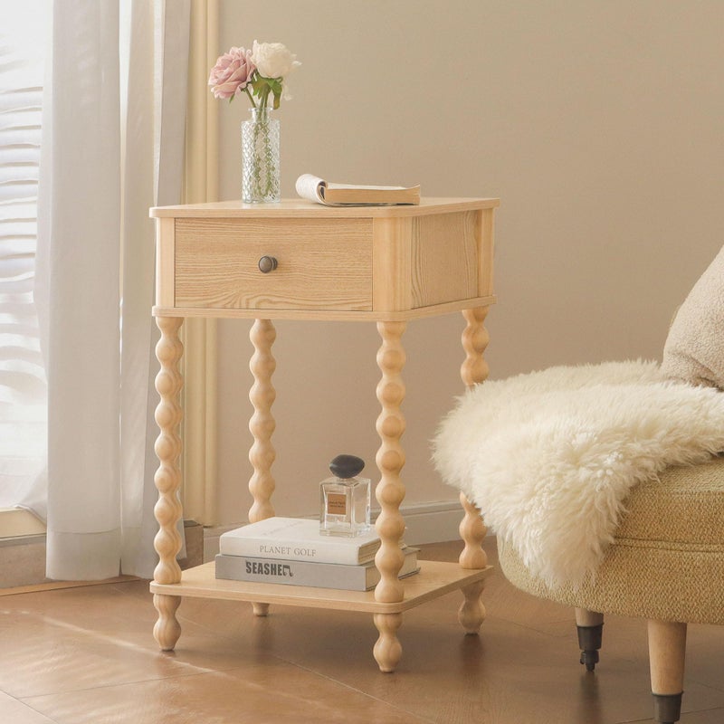 AWASEN Night Stand, Small End Table with Storage for Living Room, Farmhouse Bedside Side Table with Spindle Wood Legs for Bedroom, Office, Natural - Image 2