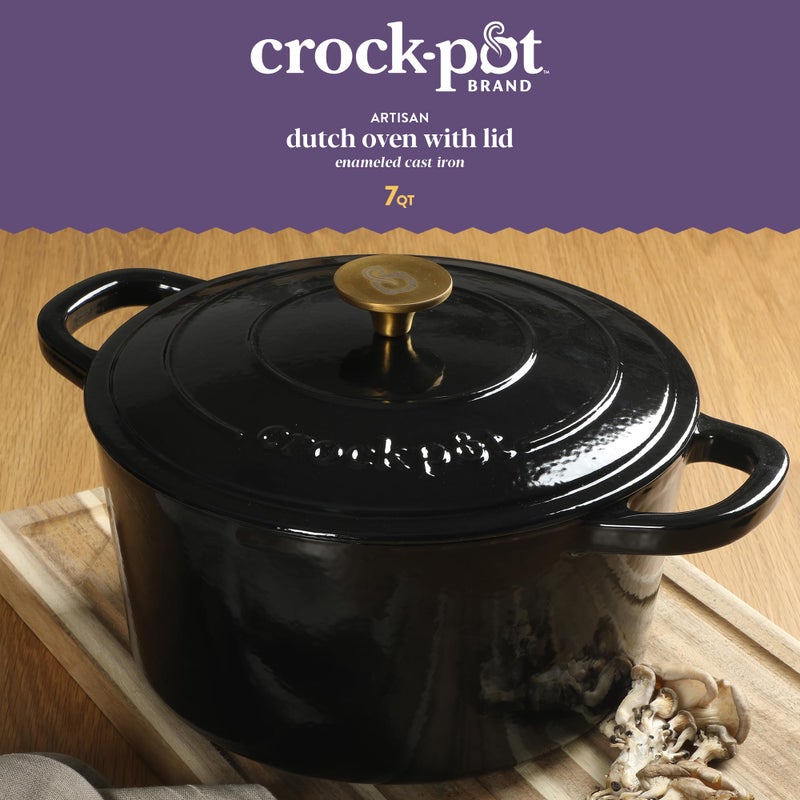 Crock-Pot Crock Pot Artisan 7-Quart Round Cast Iron Dutch Oven with Lid â€“ Black Enamel Finish, Gold Knob, Durable Heavy-Duty Cookware for Slow Cooking, Baking, and Roasting - Image 3