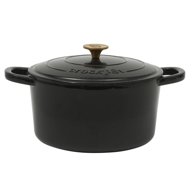 Crock-Pot Crock Pot Artisan 7-Quart Round Cast Iron Dutch Oven with Lid â€“ Black Enamel Finish, Gold Knob, Durable Heavy-Duty Cookware for Slow Cooking, Baking, and Roasting - Image 1