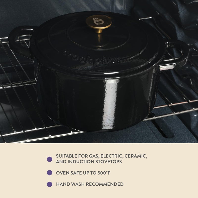 Crock-Pot Crock Pot Artisan 7-Quart Round Cast Iron Dutch Oven with Lid â€“ Black Enamel Finish, Gold Knob, Durable Heavy-Duty Cookware for Slow Cooking, Baking, and Roasting - Image 5