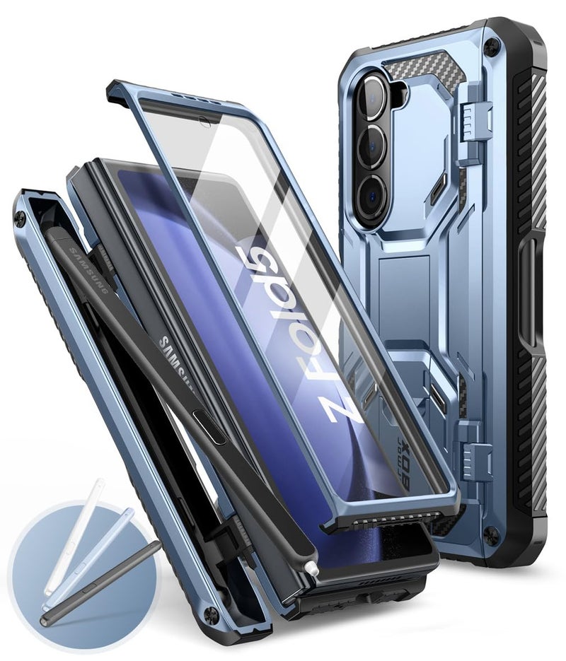 i-Blason Armorbox for Samsung Galaxy Z Fold 5 Case with Pen Holder & 3 Silicone Pen Covers, Full Body Protective Bumper Case with Built-in Screen Protector & Kickstand (Blue) - Image 1