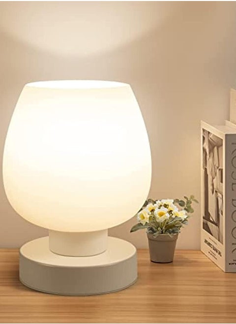 Touch Bedside Table Lamp - Modern Small Lamp for Bedroom Living Room Nightstand, Desk lamp with White Opal Glass Lamp Shade, Warm LED Bulb, 3 Way Dimmable, Simple Design