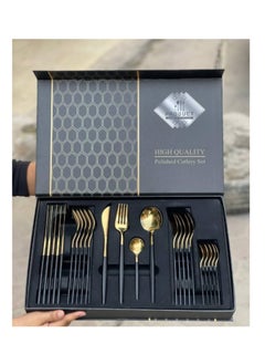Generic Golden Spoon Set, 24 Pieces in Premium Carton Box, Premium Quality AR - Silverware Set Stainless Steel Cutlery: 24 Piece Dinnerware Utensils Dinner Forks Spoons Steak Knife Service 6 - 24 Piece Spoon Set - 6 Person Cutlery Set, 24 Piece Cutlery Set Black Gold Matt, Dinner Set with Knife Fork Spoon, Stainless Steel Cutlery Set, Dishwasher Safe  - Image 2