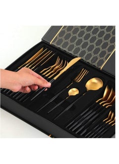 Generic Golden Spoon Set, 24 Pieces in Premium Carton Box, Premium Quality AR - Silverware Set Stainless Steel Cutlery: 24 Piece Dinnerware Utensils Dinner Forks Spoons Steak Knife Service 6 - 24 Piece Spoon Set - 6 Person Cutlery Set, 24 Piece Cutlery Set Black Gold Matt, Dinner Set with Knife Fork Spoon, Stainless Steel Cutlery Set, Dishwasher Safe  - Image 3