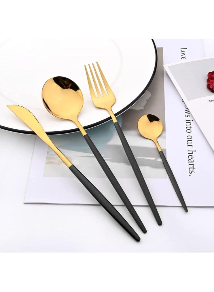 Golden Spoon Set, 24 Pieces in Premium Carton Box, Premium Quality AR -  Stainless Steel Cutlery: 24 Piece Dinnerware Utensils Dinner Forks Spoons Steak Knife Service 6 - 24 Piece Spoon Set - 6 Person Cutlery Set, 24 Piece Cutlery Set Black Gold Matt, Dinner Set with Knife Fork Spoon, Stainless Steel Cutlery Set, Dishwasher Safe - Image 4