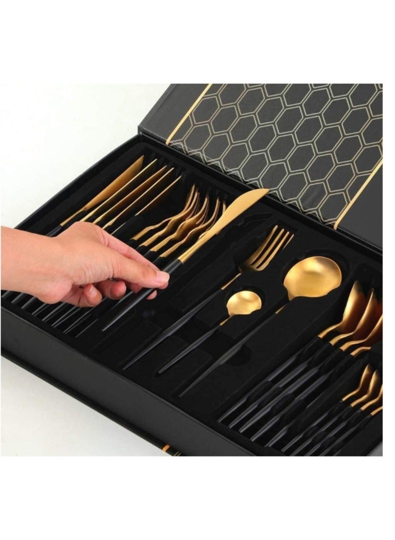 Golden Spoon Set, 24 Pieces in Premium Carton Box, Premium Quality AR -  Stainless Steel Cutlery: 24 Piece Dinnerware Utensils Dinner Forks Spoons Steak Knife Service 6 - 24 Piece Spoon Set - 6 Person Cutlery Set, 24 Piece Cutlery Set Black Gold Matt, Dinner Set with Knife Fork Spoon, Stainless Steel Cutlery Set, Dishwasher Safe - Image 3