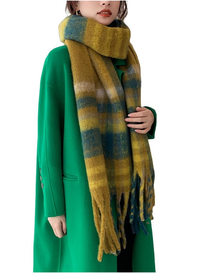 Wander Agio - Winter Women Warm Scarf Long Shawl Large Scarves Cold Weather Thicker Blanket Wrap Colour Plaid Stripe Yellow Green 04 - Image 1