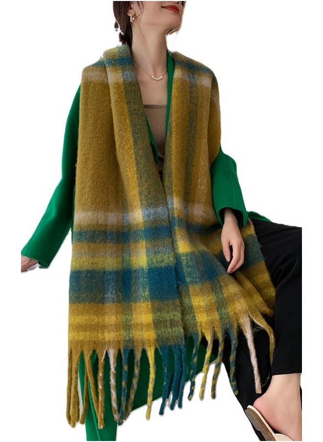Wander Agio - Winter Women Warm Scarf Long Shawl Large Scarves Cold Weather Thicker Blanket Wrap Colour Plaid Stripe Yellow Green 04 - Image 1