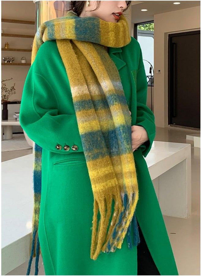 Wander Agio - Winter Women Warm Scarf Long Shawl Large Scarves Cold Weather Thicker Blanket Wrap Colour Plaid Stripe Yellow Green 04 - Image 1