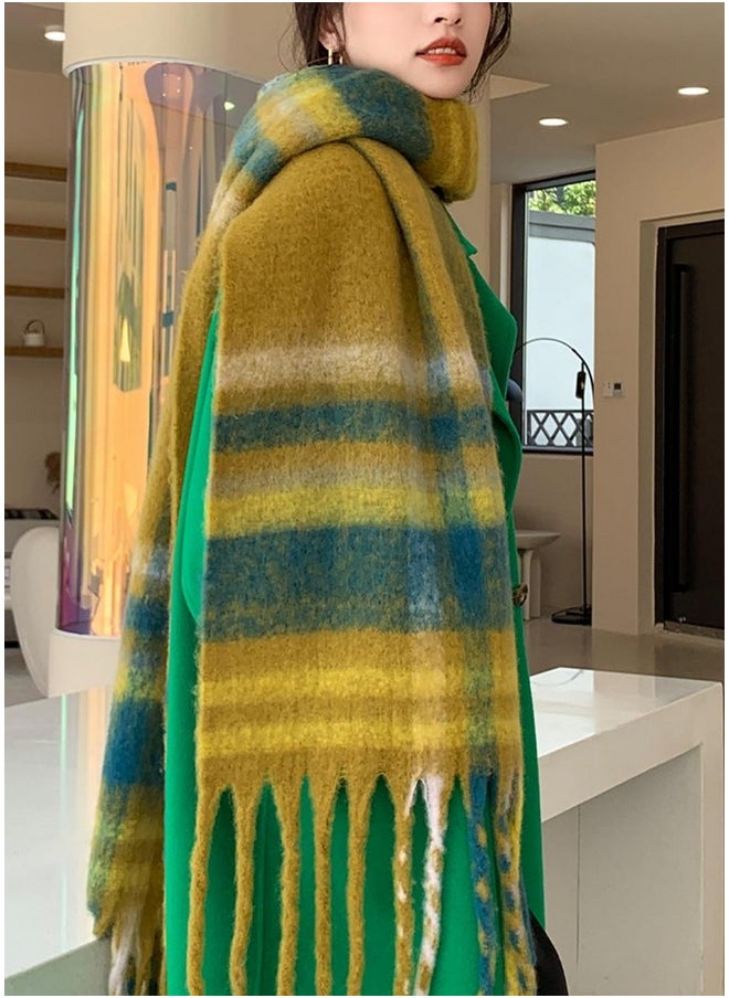 Wander Agio - Winter Women Warm Scarf Long Shawl Large Scarves Cold Weather Thicker Blanket Wrap Colour Plaid Stripe Yellow Green 04 - Image 1