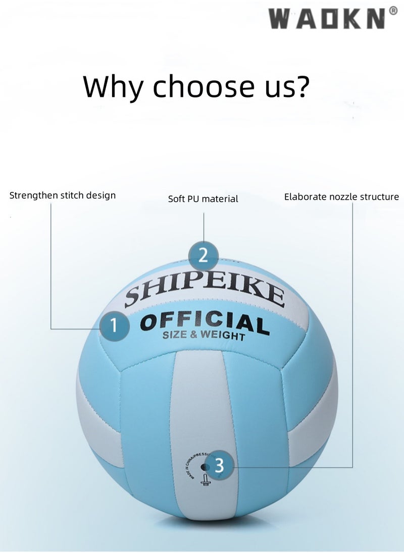 WAOKN Inflatable Soft Volleyball,Volleyball PU Leather Soft Outdoor Soft Adult Volleyball Explosion-proof Machine Sewing Standard No. 5 for Indoor, Competition,Training,Beach Volleyball（White and Blue）  - Image 2