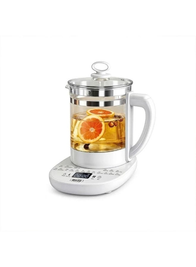 Ruay Multifunctional glass electric kettle (800W) and smart tea maker featuring 18 boiling modes, a 24-hour keep-warm function, digital touch controls, and a UK plug – Color: White, Capacity: 1.8L. - Image 1