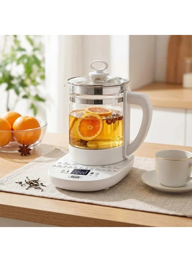 Ruay Multifunctional glass electric kettle (800W) and smart tea maker featuring 18 boiling modes, a 24-hour keep-warm function, digital touch controls, and a UK plug – Color: White, Capacity: 1.8L. - Image 3