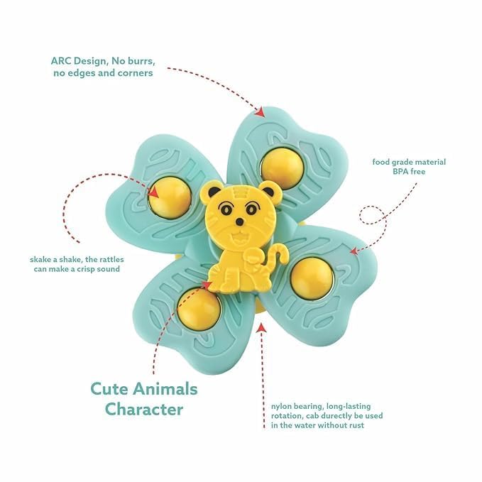Cable World Baby Spinner Toy for Baby Bath Toys Water Toys for Kids Suction Cup Fidget Spinner Sensory Toddler Infant Flight Travel Toy Stick to Car Window Gift for Kids 3 Pcs (Animal Design) - Image 5