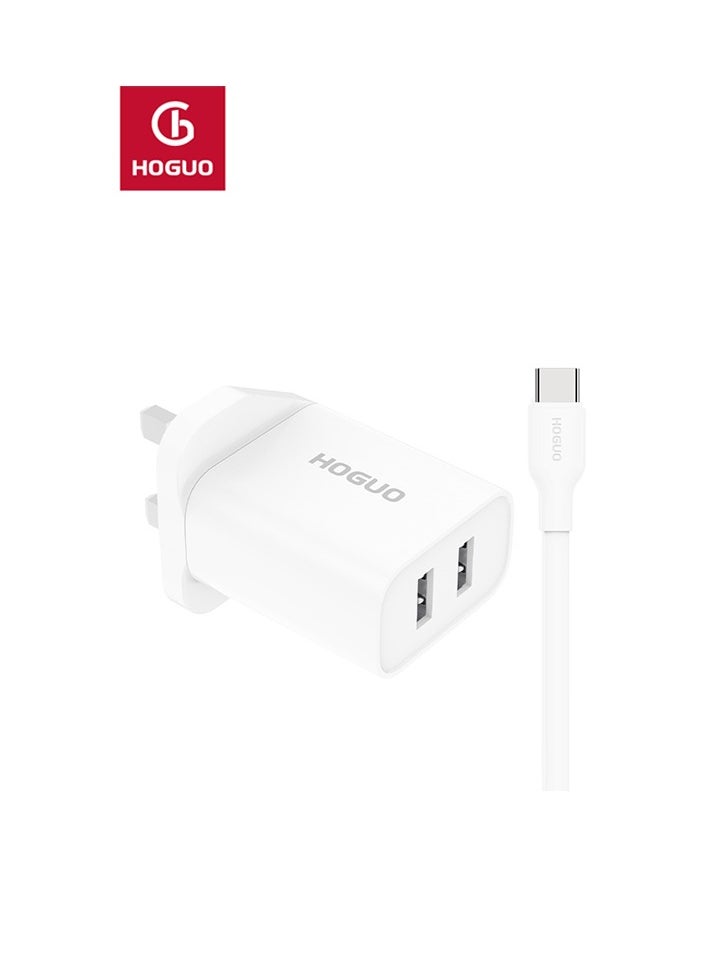 HOGUO - Power Adapter Dual USB Ports Output with Type-C Cable White - Image 1