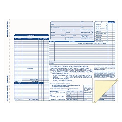 TOPS 3869 Auto Repair Four-Part Order Form, 8 1/2 x 11, Four-Part Carbonless (Pack of 50 Forms) - Image 1