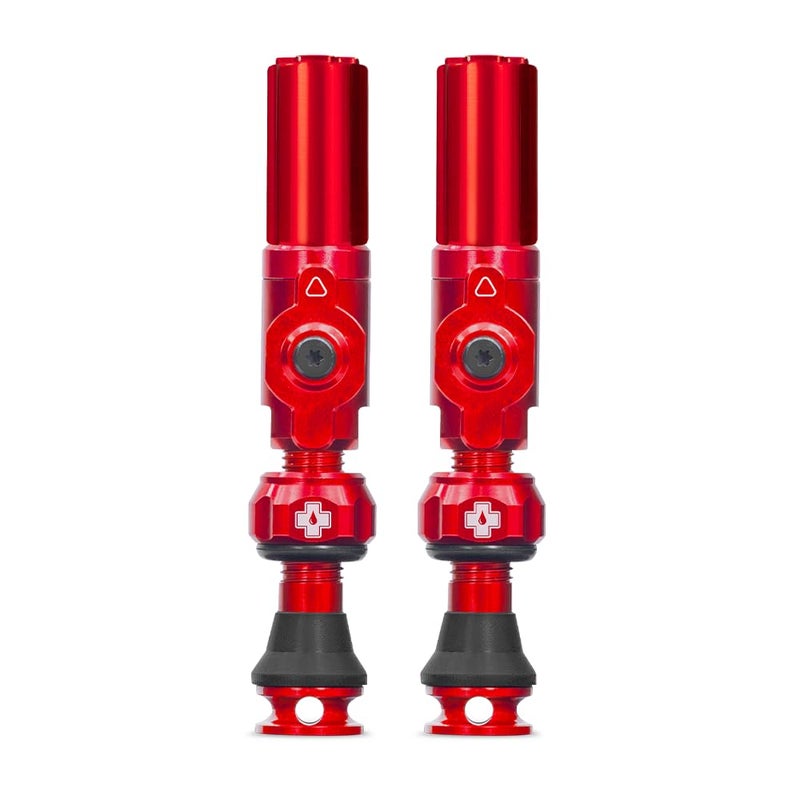 MucOff Big Bore Hybrid Tubeless Valves Red 35mm Precision Engineered Dust Caps for Bikes with Revolutionary Airflow Technology Schrader Valve Caps for Tubeless MTBRoadGravel Bikes