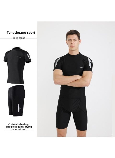 Swimwear Men's Split Two-piece Set Men's Sunscreen Short-sleeved Surfing Scuba Suit Large Size Beach Swimming Trunks For Men-Color:Gray Label Swimsuit + Swimsuit Trunks-Size:2XL（65-75kg）