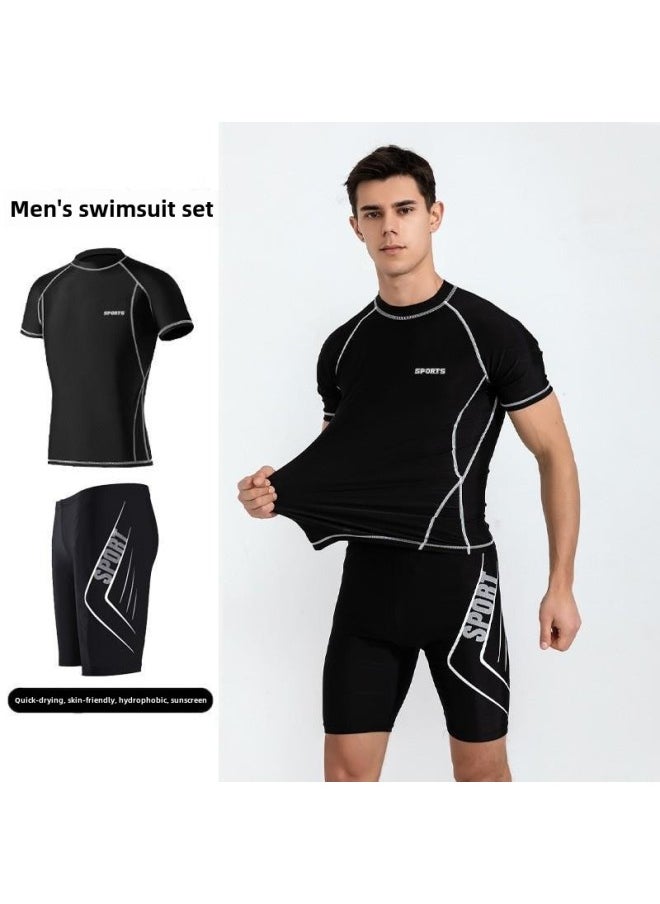 Generic - Swimwear Men's Split Two-piece Set Men's Sunscreen Short-sleeved Surfing Scuba Suit Large Size Beach Swimming Trunks For Men-Color:Gray Label Swimsuit + Swimsuit Trunks-Size:2XL（65-75kg） - Image 1