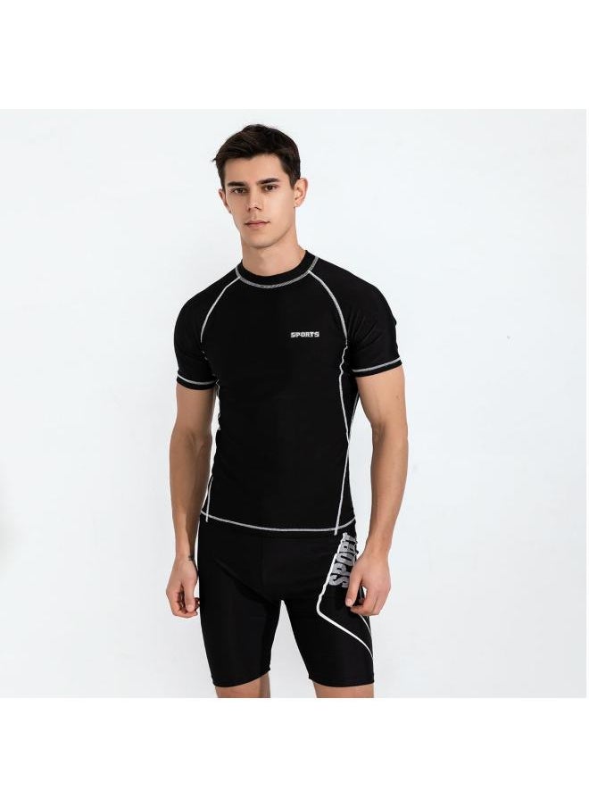 Generic - Swimwear Men's Split Two-piece Set Men's Sunscreen Short-sleeved Surfing Scuba Suit Large Size Beach Swimming Trunks For Men-Color:Gray Label Swimsuit + Swimsuit Trunks-Size:2XL（65-75kg） - Image 1