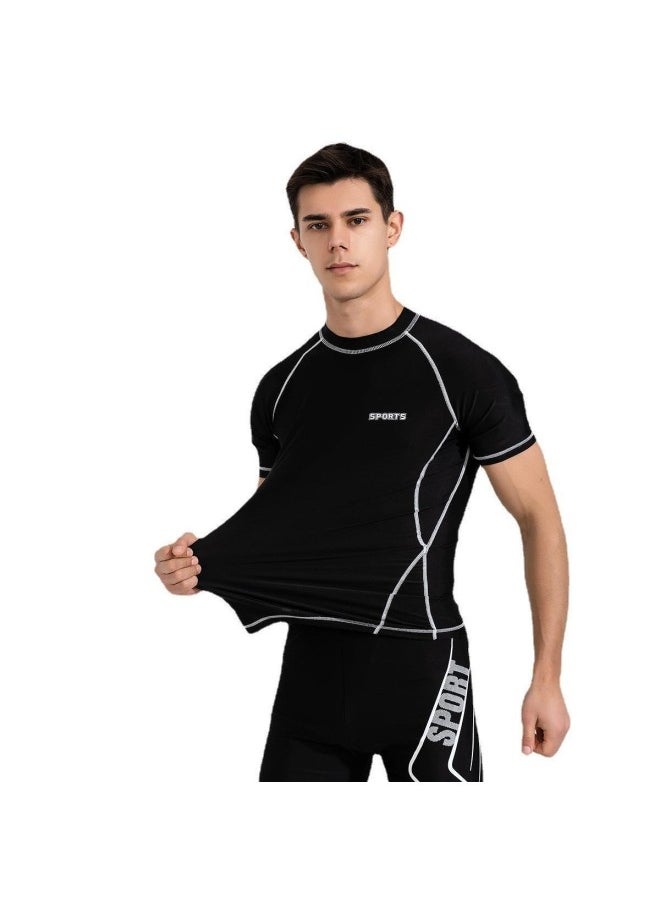 Generic - Swimwear Men's Split Two-piece Set Men's Sunscreen Short-sleeved Surfing Scuba Suit Large Size Beach Swimming Trunks For Men-Color:Gray Label Swimsuit + Swimsuit Trunks-Size:2XL（65-75kg） - Image 1