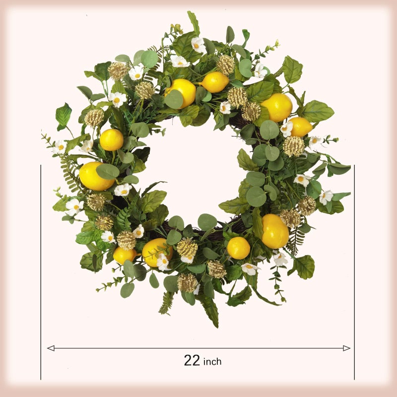 Idyllic 22 Inch Summer Yellow Lemon Wreath with Green Leaves for Front Door, Spring Summer Lemon Eucalyptus Wreath for Inside and Outside, Wedding Wild Flowers Decor - Image 3
