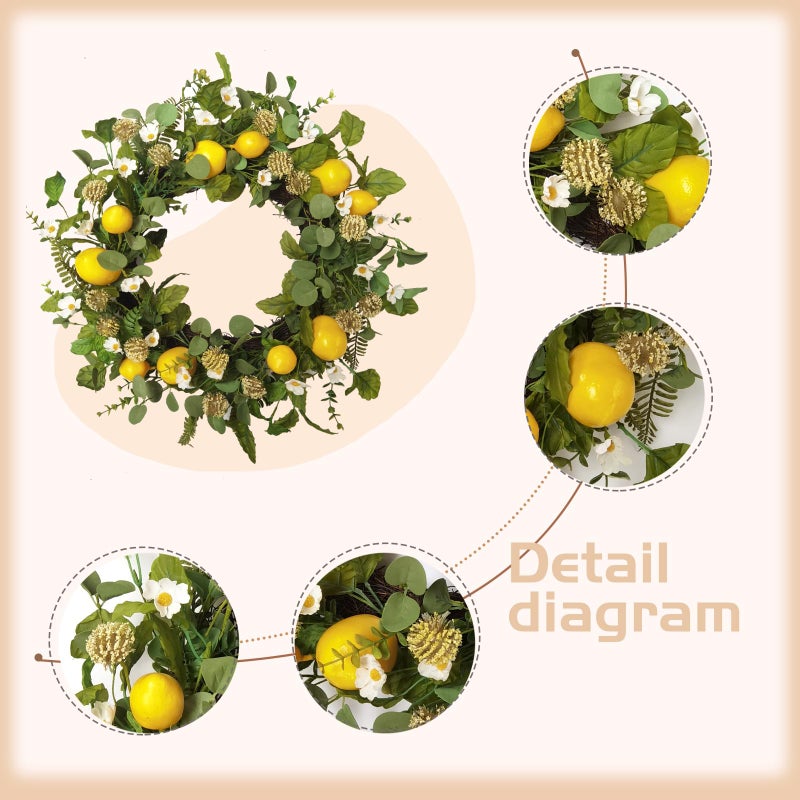 Idyllic 22 Inch Summer Yellow Lemon Wreath with Green Leaves for Front Door, Spring Summer Lemon Eucalyptus Wreath for Inside and Outside, Wedding Wild Flowers Decor - Image 2