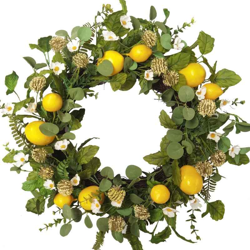 Idyllic 22 Inch Summer Yellow Lemon Wreath with Green Leaves for Front Door, Spring Summer Lemon Eucalyptus Wreath for Inside and Outside, Wedding Wild Flowers Decor - Image 1