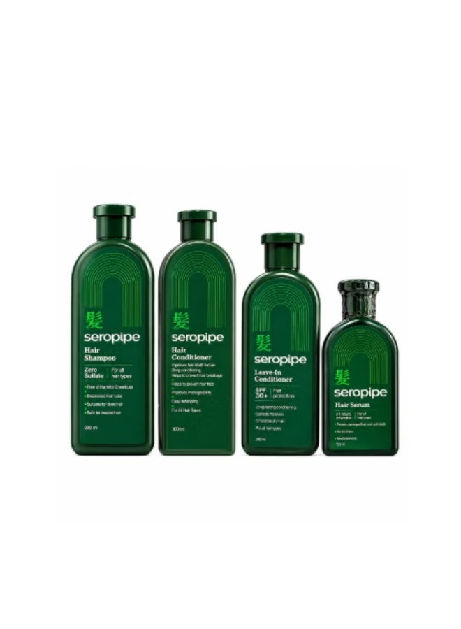 Seropipe Complete 4-in-1 Hair Care Set – Shampoo + Conditioner + Leave-in + Serum – Hydrates, Nourishes, and Repairs Damaged Hair – Protects Against Heat and Sun – For All Hair Types - Image 1