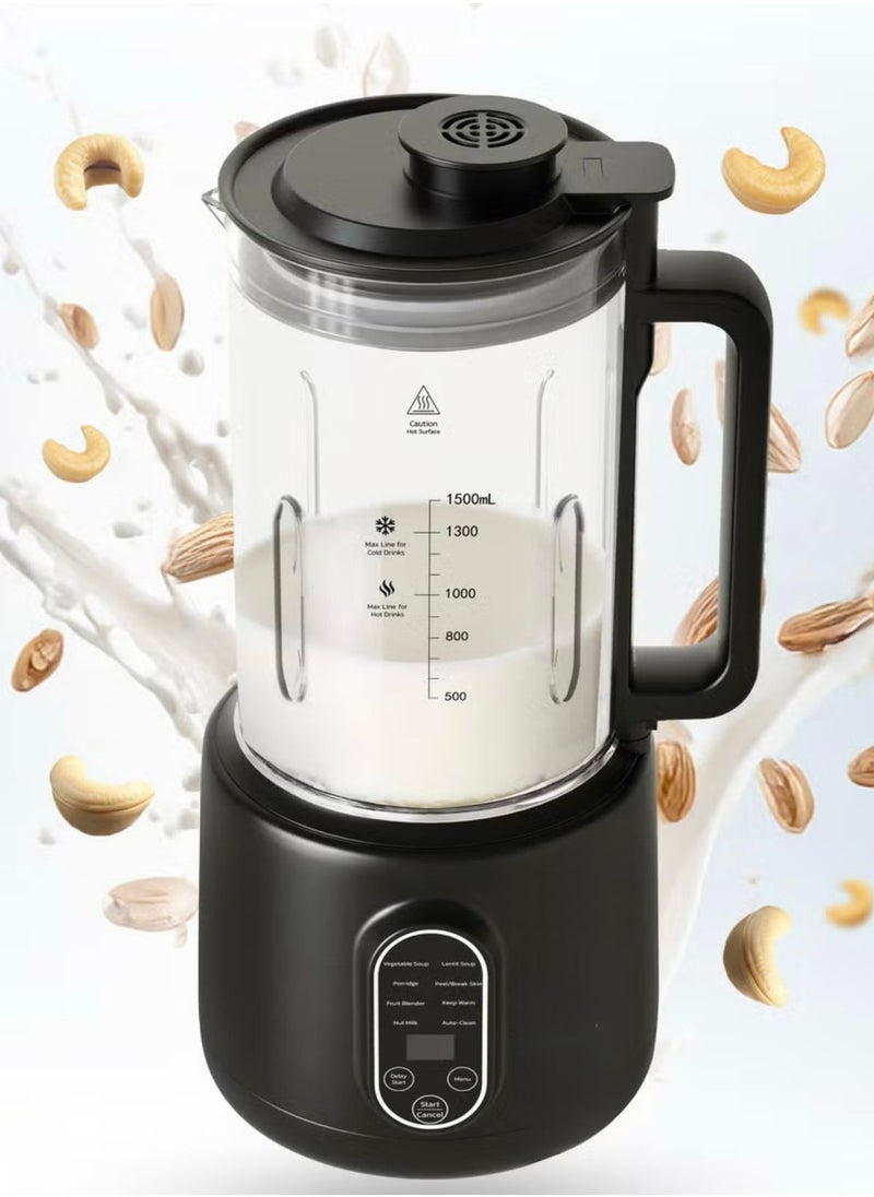 Nut Milk Maker 1.5L with Dual-Mode Blending Hot and Cold 400W / Advanced Thermal Jar / Make Soup / Baby Food / Blend Fruit / Auto-Clean / Fruit Blender / Keep Warm / High and Low Temperatures - Black