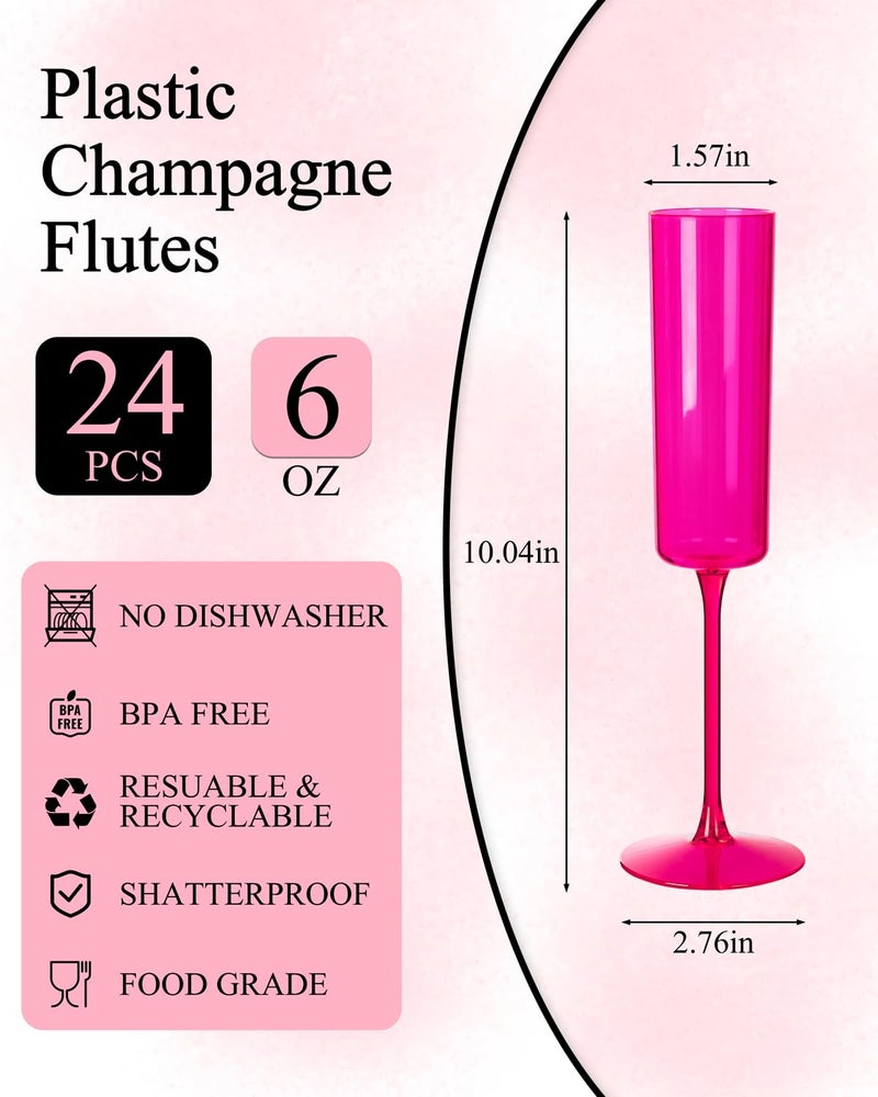 Ciaell 24 Pack Plastic Champagne Flutes - Hot Pink 6 Oz Disposable Champagne Glasses - Square Plastic Toasting Glasses for Party Birthday Anniversary Wedding - Image 2
