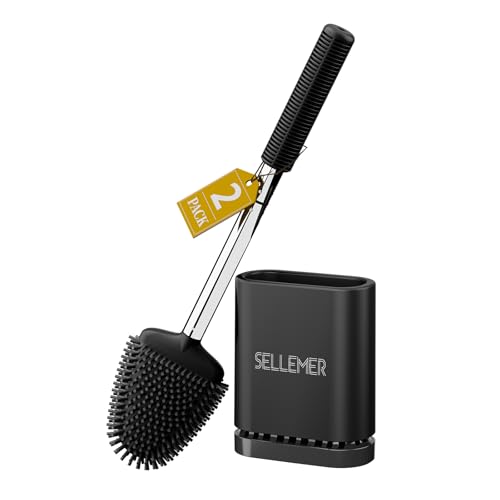 Sellemer Toilet Brush and Holder Set Flexible Toilet Bowl Brush Head with Silicone Bristles Compact Size for Storage and Organization Ventilation Slots Base 2 Pack Black - Image 1