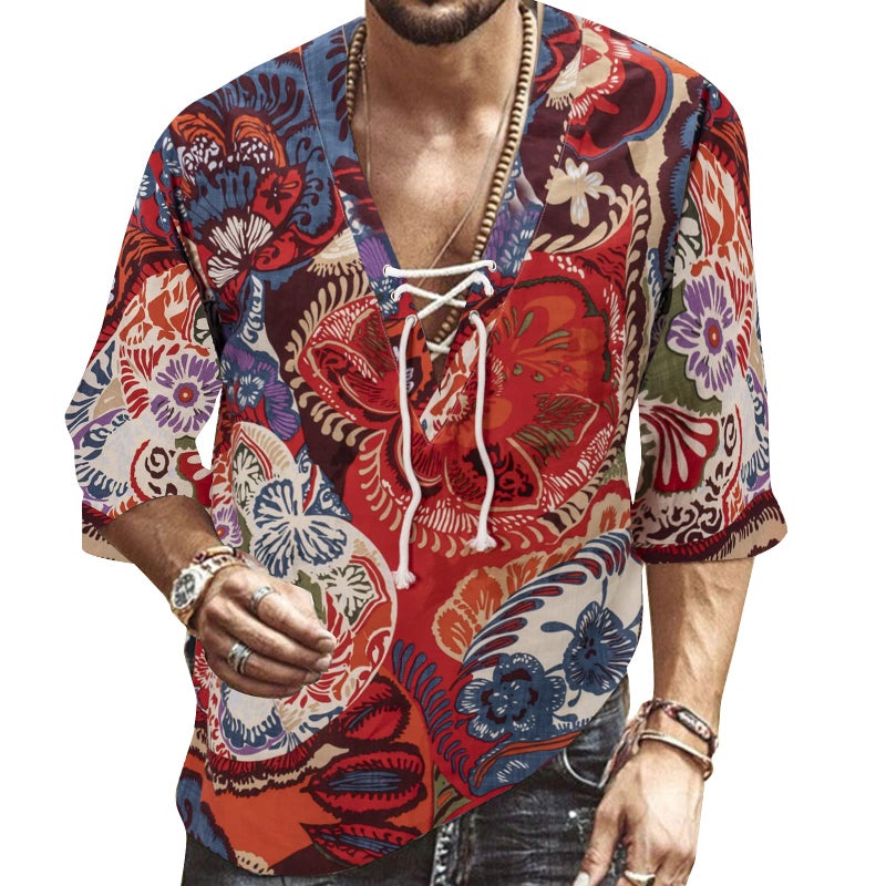 Rela Bota Men's Fashion Shirt Short Sleeve Beach V-Neck Drawstring Printing Yoga African Summer Top Printed Red 3XL - Image 1