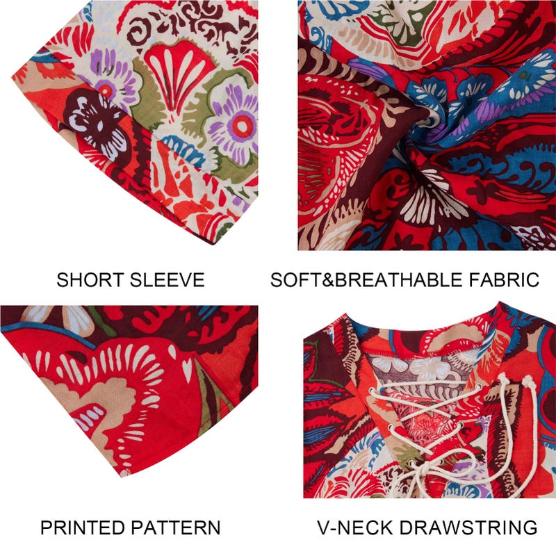 Rela Bota Men's Fashion Shirt Short Sleeve Beach V-Neck Drawstring Printing Yoga African Summer Top Printed Red 3XL - Image 2