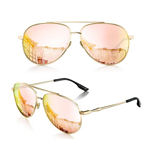 LUENX Aviator Sunglasses for Women Polarized - Driving Trendy Sun Glasses UV 400 Protection Pink Mirror Lens Gold Frame 60mm - Image 1
