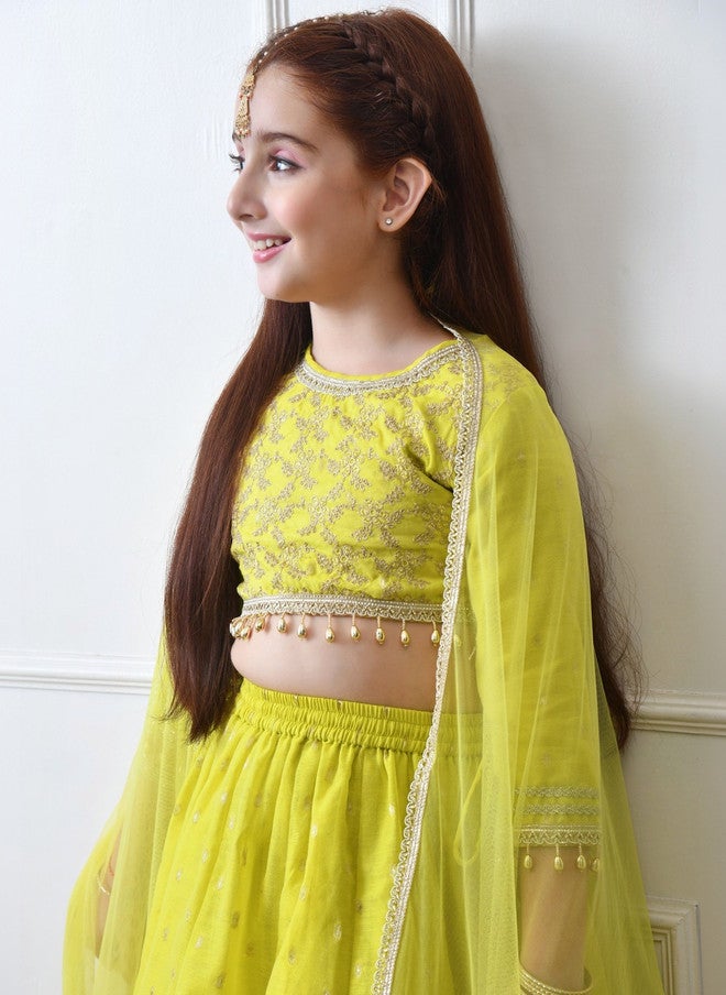 Indi-Loom Couture Girls Embroidered Round Neck Semi-Stitched Lehenga & Blouse With Dupatta - Image 3