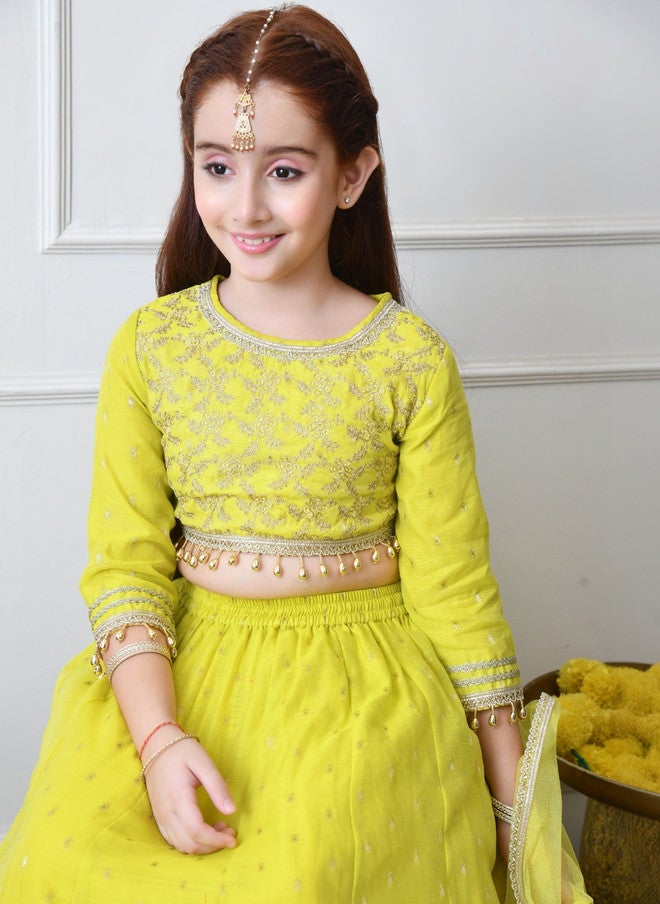 Indi-Loom Couture Girls Embroidered Round Neck Semi-Stitched Lehenga & Blouse With Dupatta - Image 5